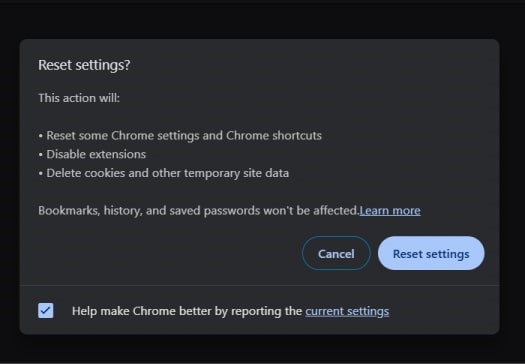 clicking the Reset settings when you're prompted to do so