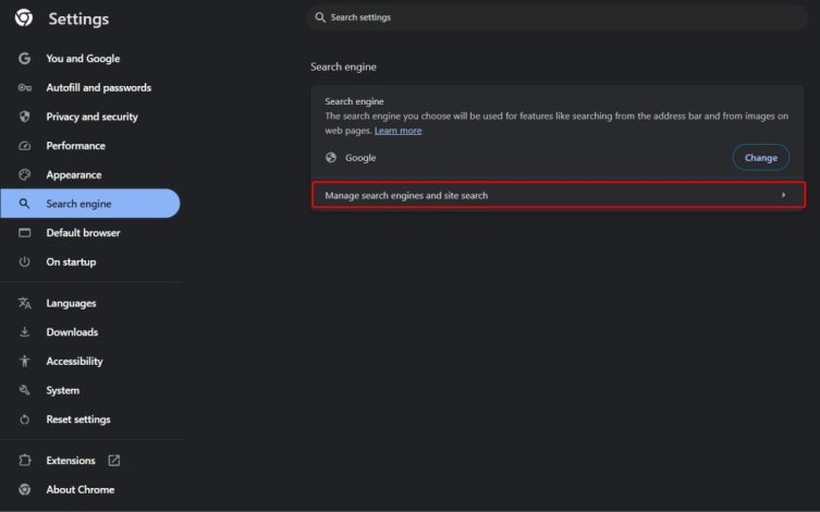 select Manage search engines and site search