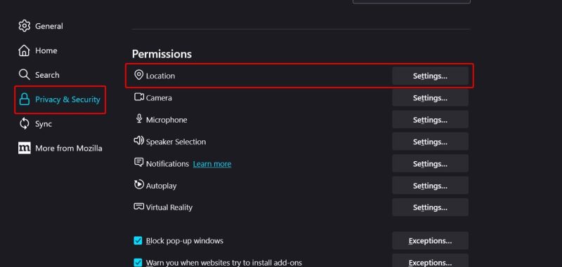 scroll down to the Permissions section