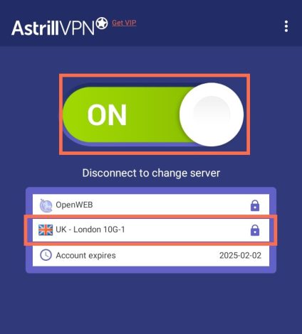 AstrillVPN application and select a server location