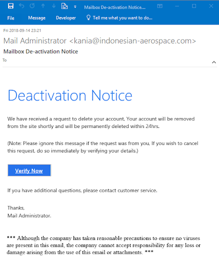 Phishing email example